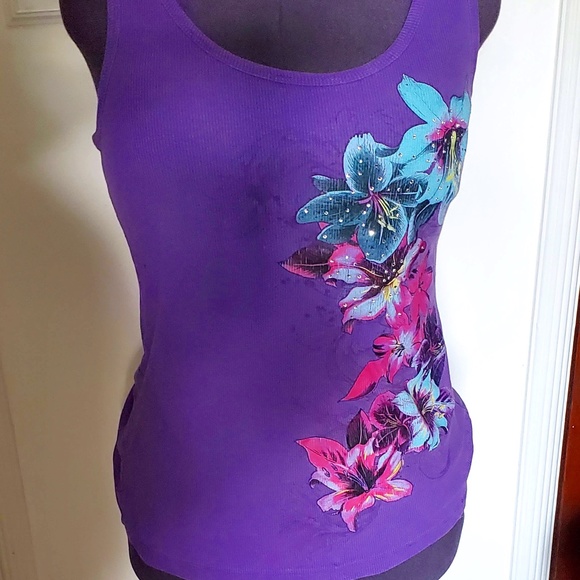 Fashion Bug Tank Top with Tropical Flowers and Rhinestones - Picture 1 of 2